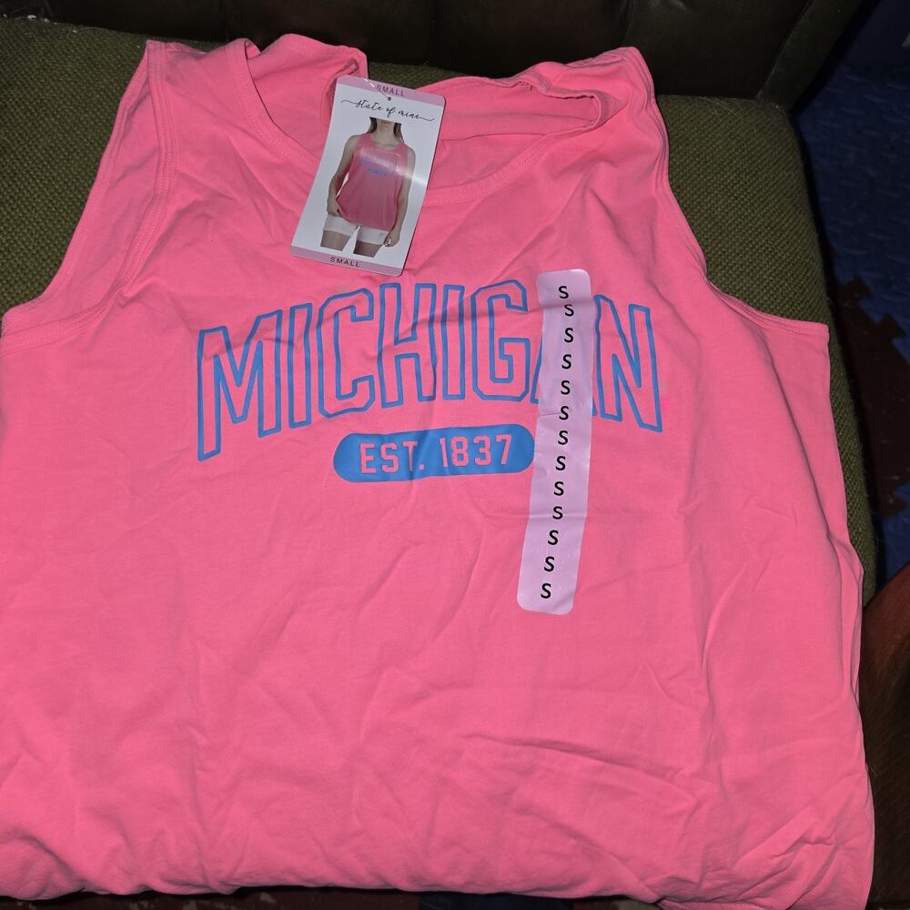 NWT State of Mine Womens Michigan Graphic Tank Top Hot Pink 100% Cotton Size Sm